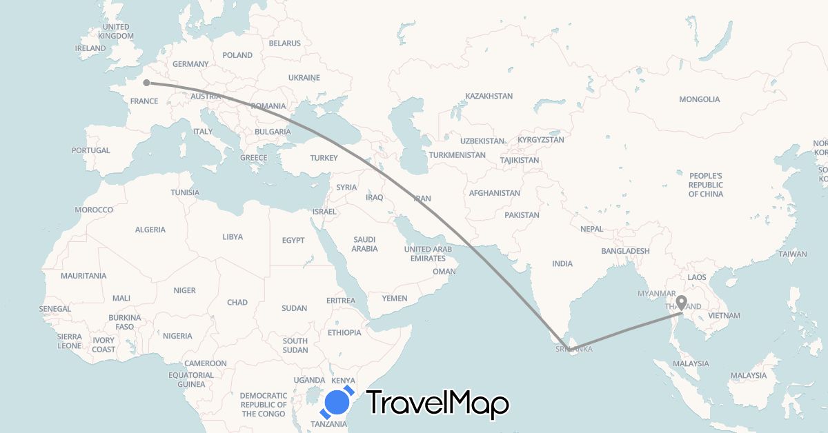 TravelMap itinerary: plane in France, Sri Lanka, Thailand (Asia, Europe)